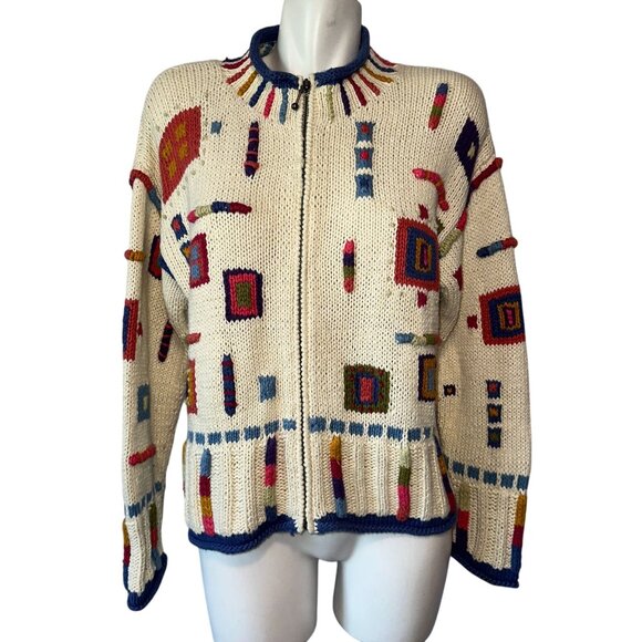 Vtg Y2k Icelandic Design Colorful Knit Cardigan Sweater Cotton Zipper Sz Medium - Picture 1 of 8